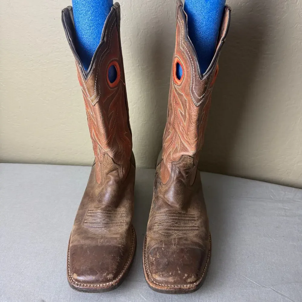 Ariat Men’s 12 D Brown Leather Square Toe Western Cowboy Boots Embroidered